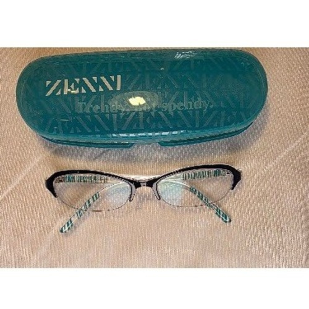 Zenni Optical Cat Eye Glasses Frames Black Silver Teal Striped Semi-Rimless Case